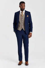 Costume Mayfair bleu marine texturé avec gilet contrastant en tweed Harris marron