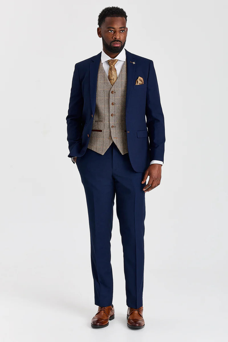 Costume Mayfair bleu marine texturé avec gilet contrastant en tweed Harris marron