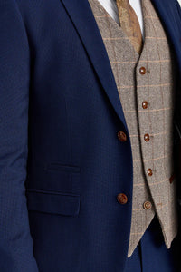 Costume Mayfair bleu marine texturé avec gilet contrastant en tweed Harris marron