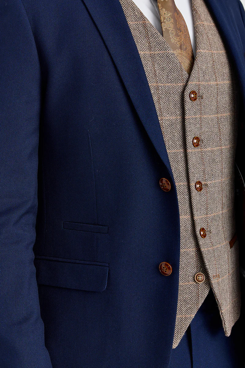 Costume Mayfair bleu marine texturé avec gilet contrastant en tweed Harris marron