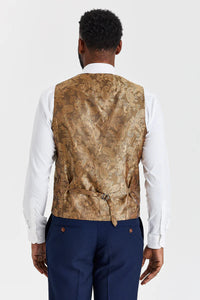 Costume Mayfair bleu marine texturé avec gilet contrastant en tweed Harris marron