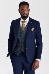 Costume Mayfair bleu marine texturé avec gilet en tweed contrastant Harris bleu marine