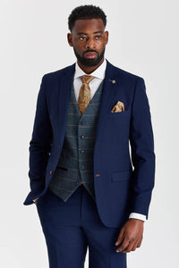Costume Mayfair bleu marine texturé avec gilet en tweed contrastant Harris bleu marine