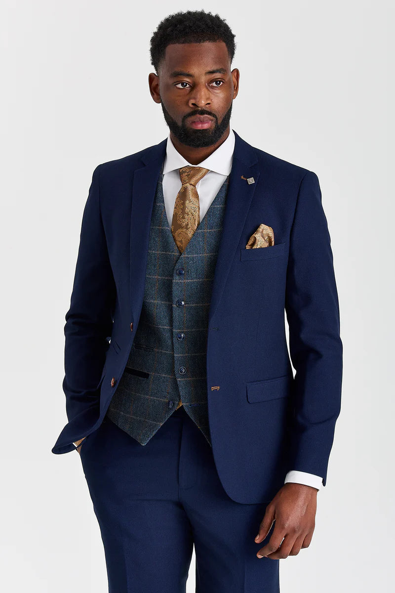 Costume Mayfair bleu marine texturé avec gilet en tweed contrastant Harris bleu marine
