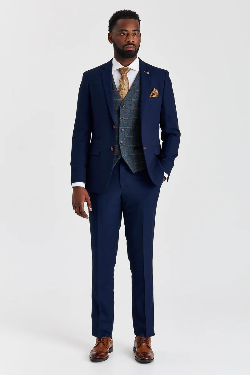 Costume Mayfair bleu marine texturé avec gilet en tweed contrastant Harris bleu marine
