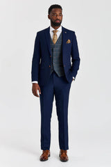 Costume Mayfair bleu marine texturé avec gilet en tweed contrastant Harris bleu marine