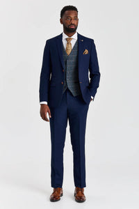 Costume Mayfair bleu marine texturé avec gilet en tweed contrastant Harris bleu marine