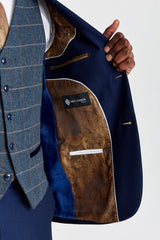 Costume Mayfair bleu marine texturé avec gilet en tweed contrastant Harris bleu marine