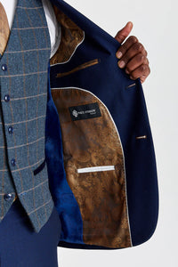 Costume Mayfair bleu marine texturé avec gilet en tweed contrastant Harris bleu marine