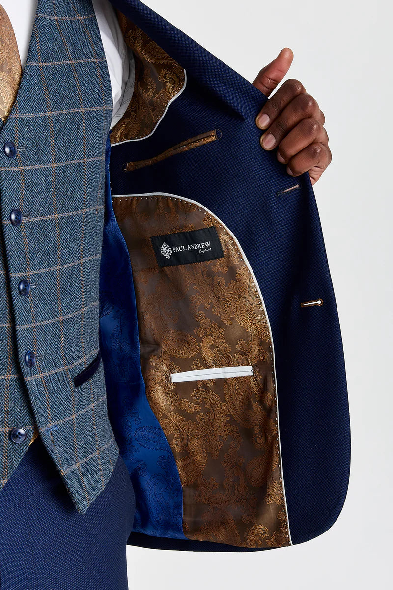 Costume Mayfair bleu marine texturé avec gilet en tweed contrastant Harris bleu marine