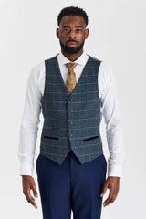 Costume Mayfair bleu marine texturé avec gilet en tweed contrastant Harris bleu marine