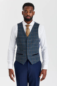 Costume Mayfair bleu marine texturé avec gilet en tweed contrastant Harris bleu marine