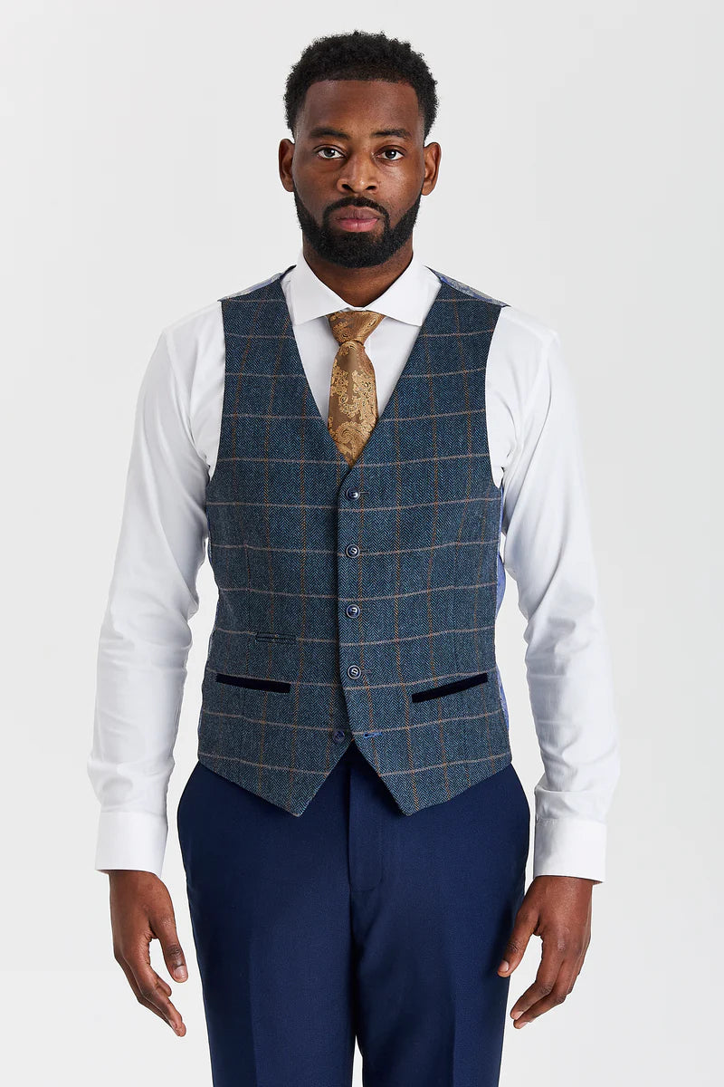 Costume Mayfair bleu marine texturé avec gilet en tweed contrastant Harris bleu marine