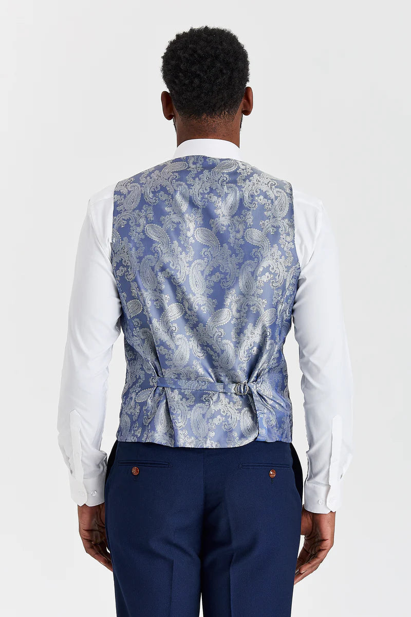 Costume Mayfair bleu marine texturé avec gilet en tweed contrastant Harris bleu marine