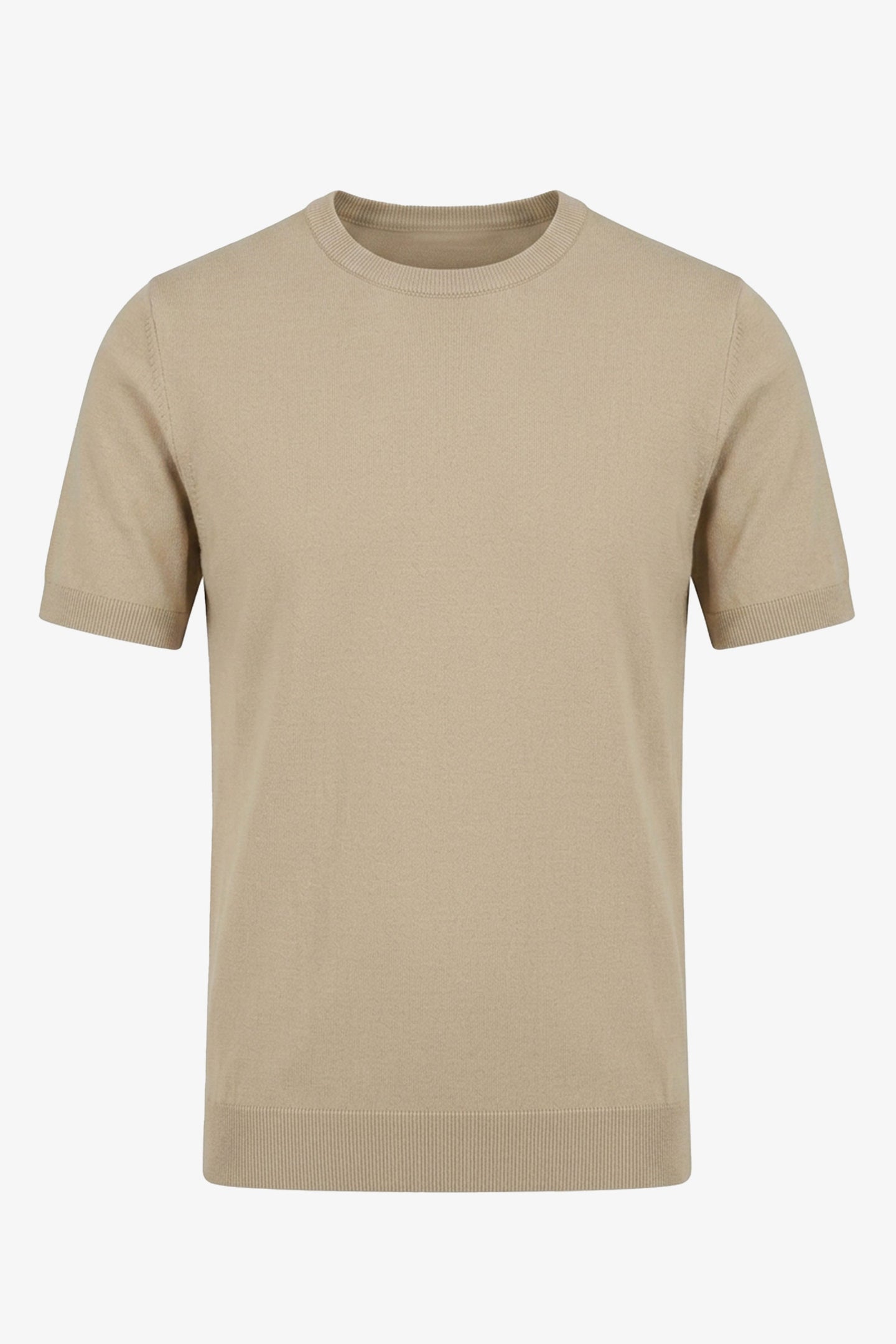 T-shirt beige en maille pour homme, coupe classique, col rond, manches courtes