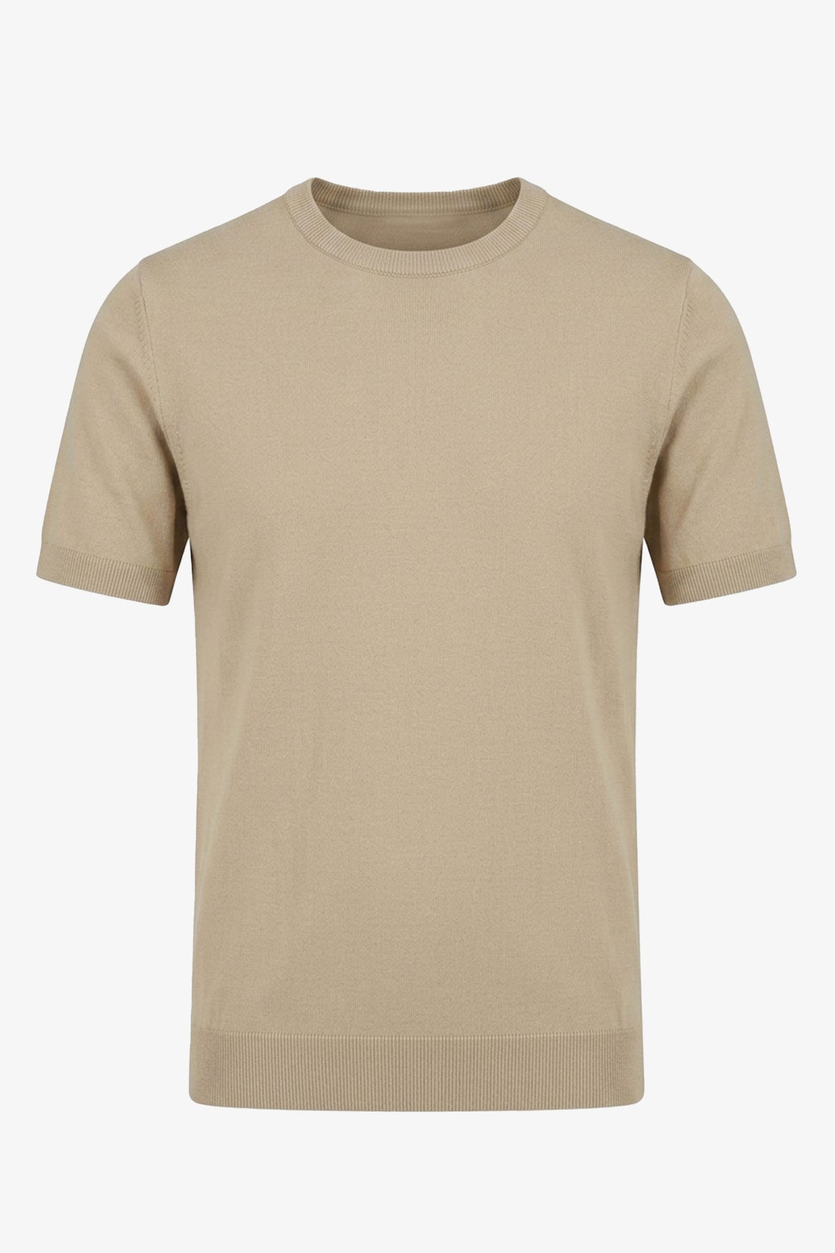 T-shirt beige en maille pour homme, coupe classique, col rond, manches courtes