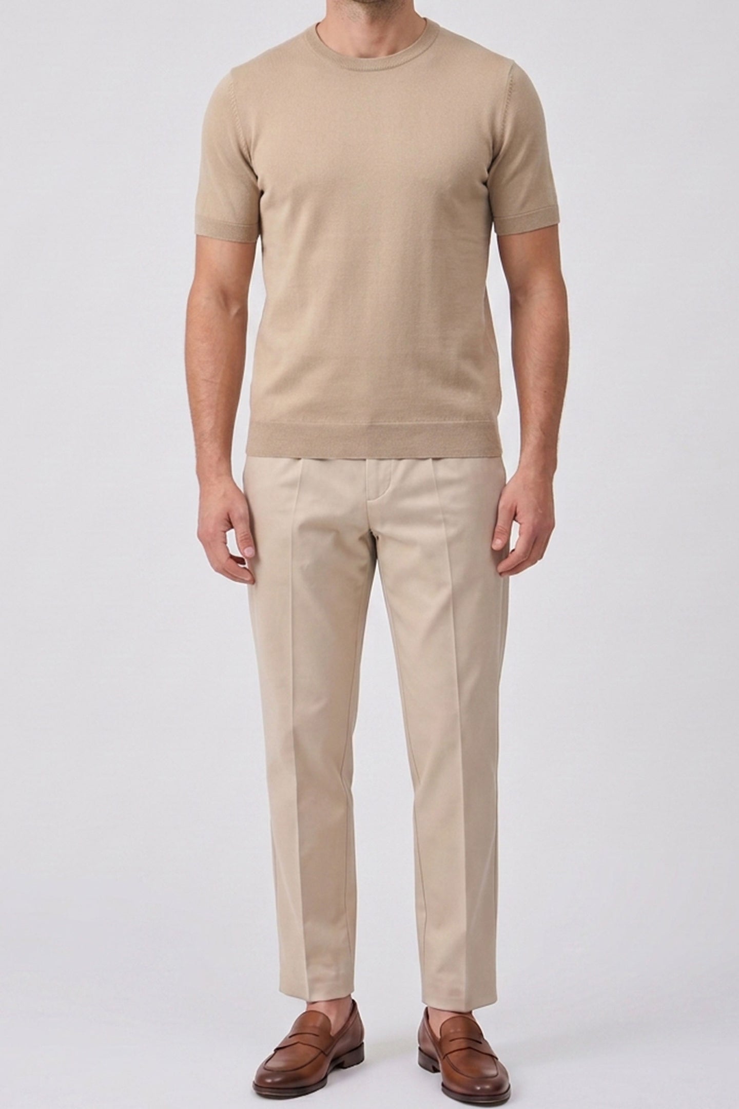 T-shirt beige en maille pour homme, coupe classique, col rond, manches courtes