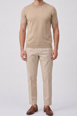 T-shirt beige en maille pour homme, coupe classique, col rond, manches courtes