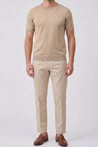 T-shirt beige en maille pour homme, coupe classique, col rond, manches courtes