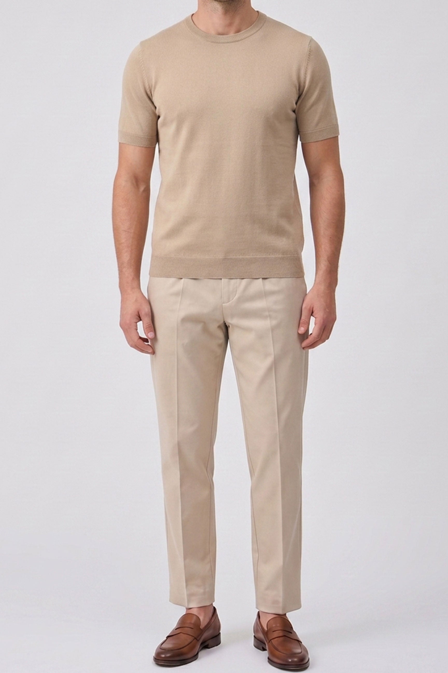 T-shirt beige en maille pour homme, coupe classique, col rond, manches courtes