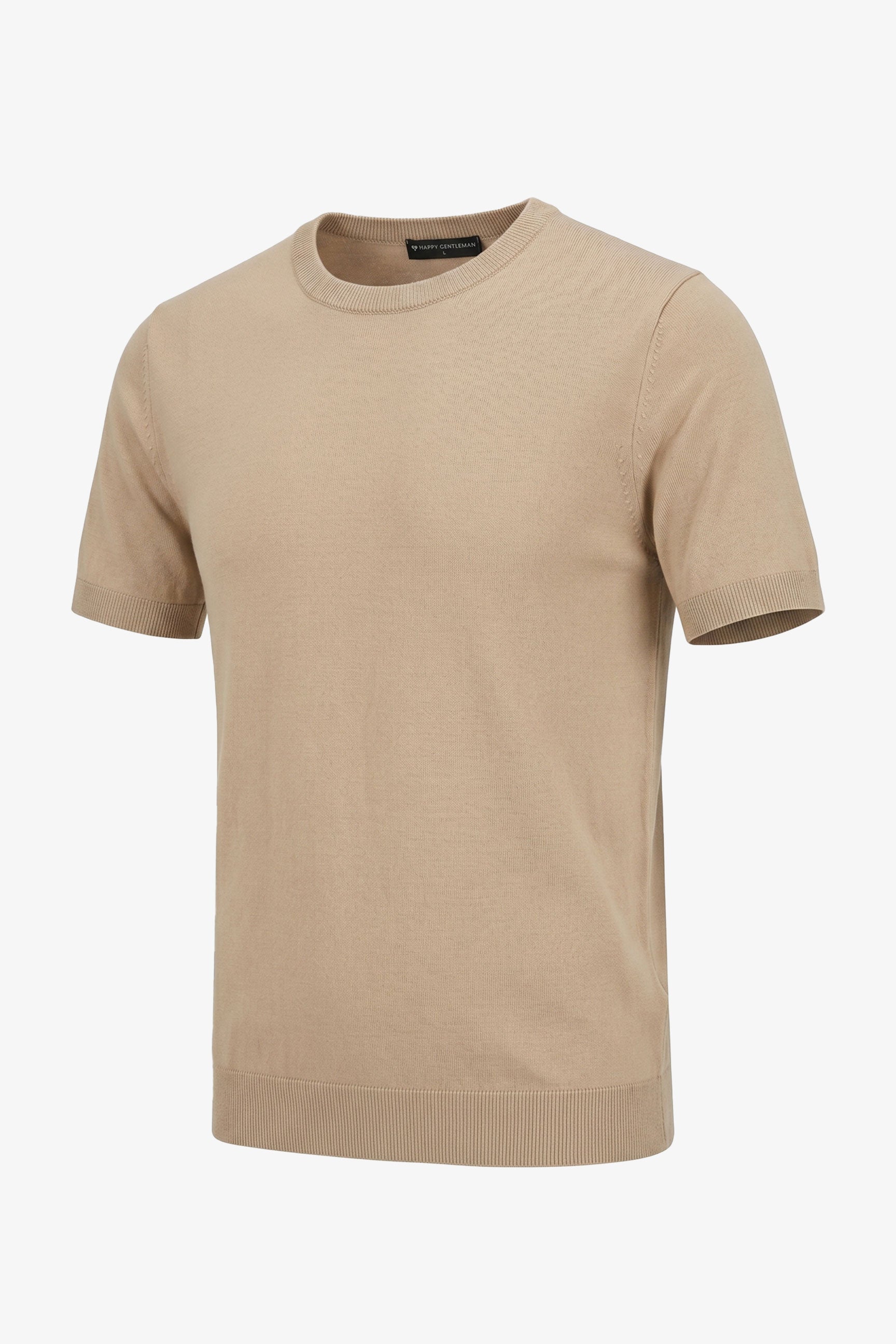 T-shirt beige en maille pour homme, coupe classique, col rond, manches courtes