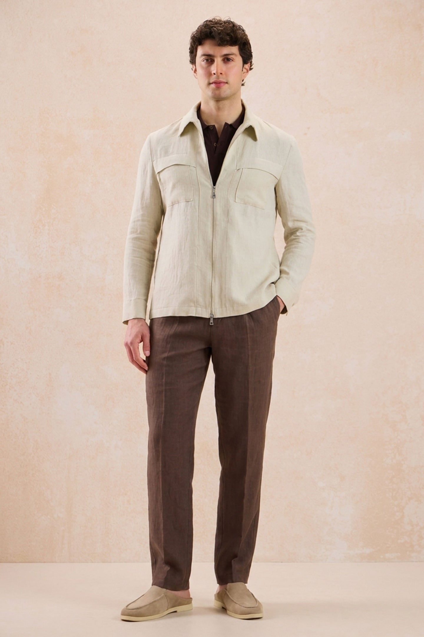 Ensemble veste en lin beige zippée et pantalon marron pour homme, tenue d'été élégante et décontractée