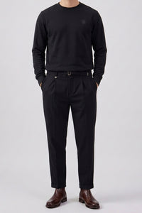 Sweat-shirt à manches longues extensible noir en mélange de coton pour homme, col rond, manches longues