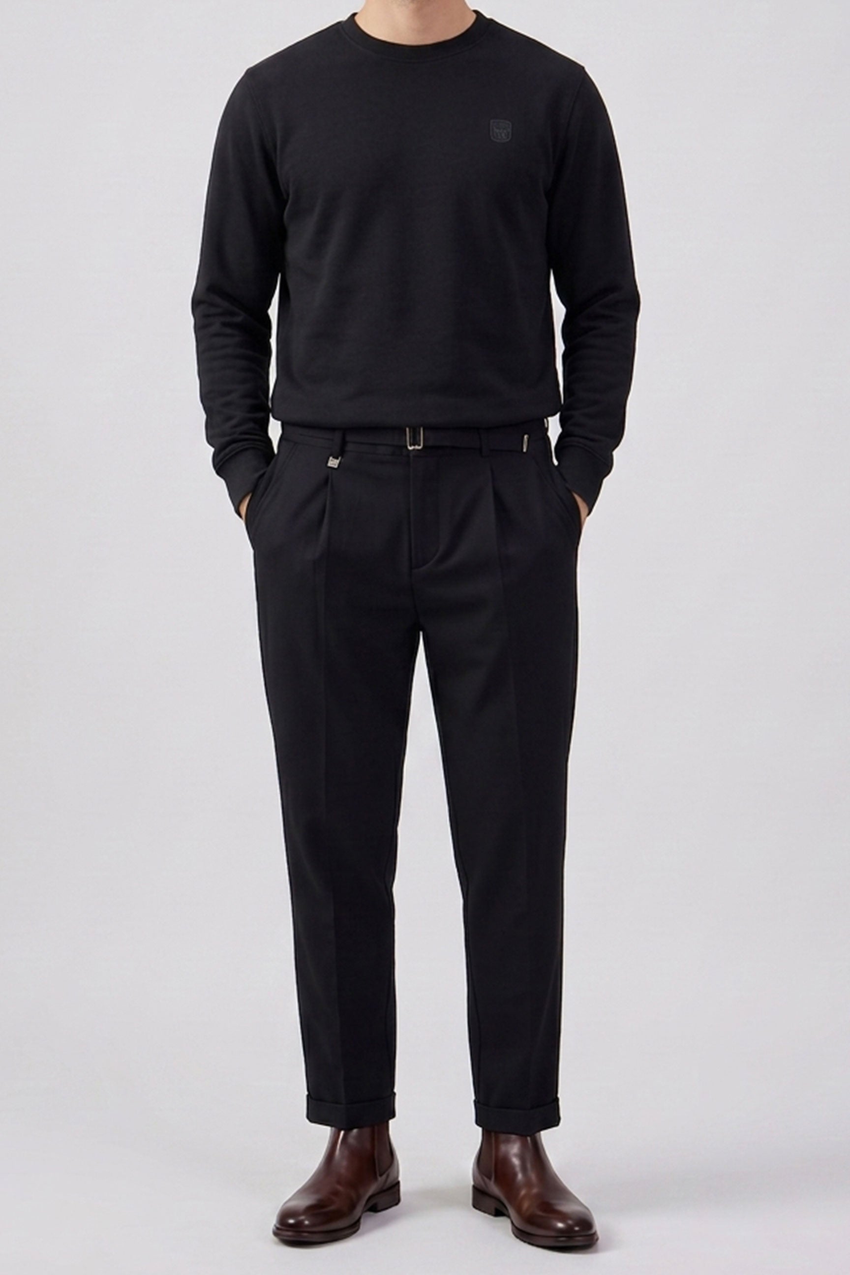 Sweat-shirt à manches longues extensible noir en mélange de coton pour homme, col rond, manches longues