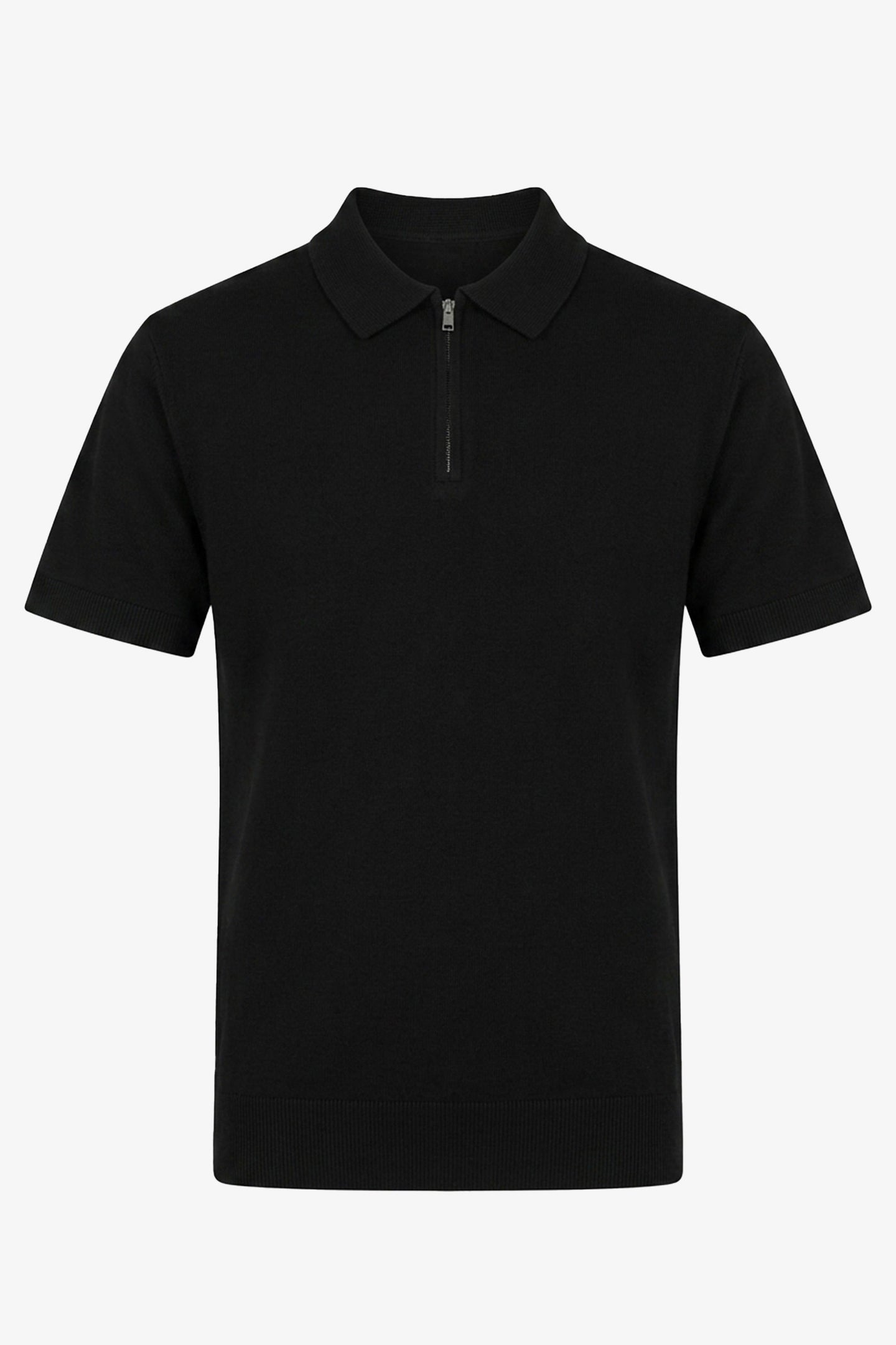 Polo noir en maille pour homme, col zippé, manches courtes, mélange doux