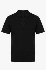 Polo noir en maille pour homme, col zippé, manches courtes, mélange doux