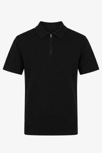 Polo noir en maille pour homme, col zippé, manches courtes, mélange doux