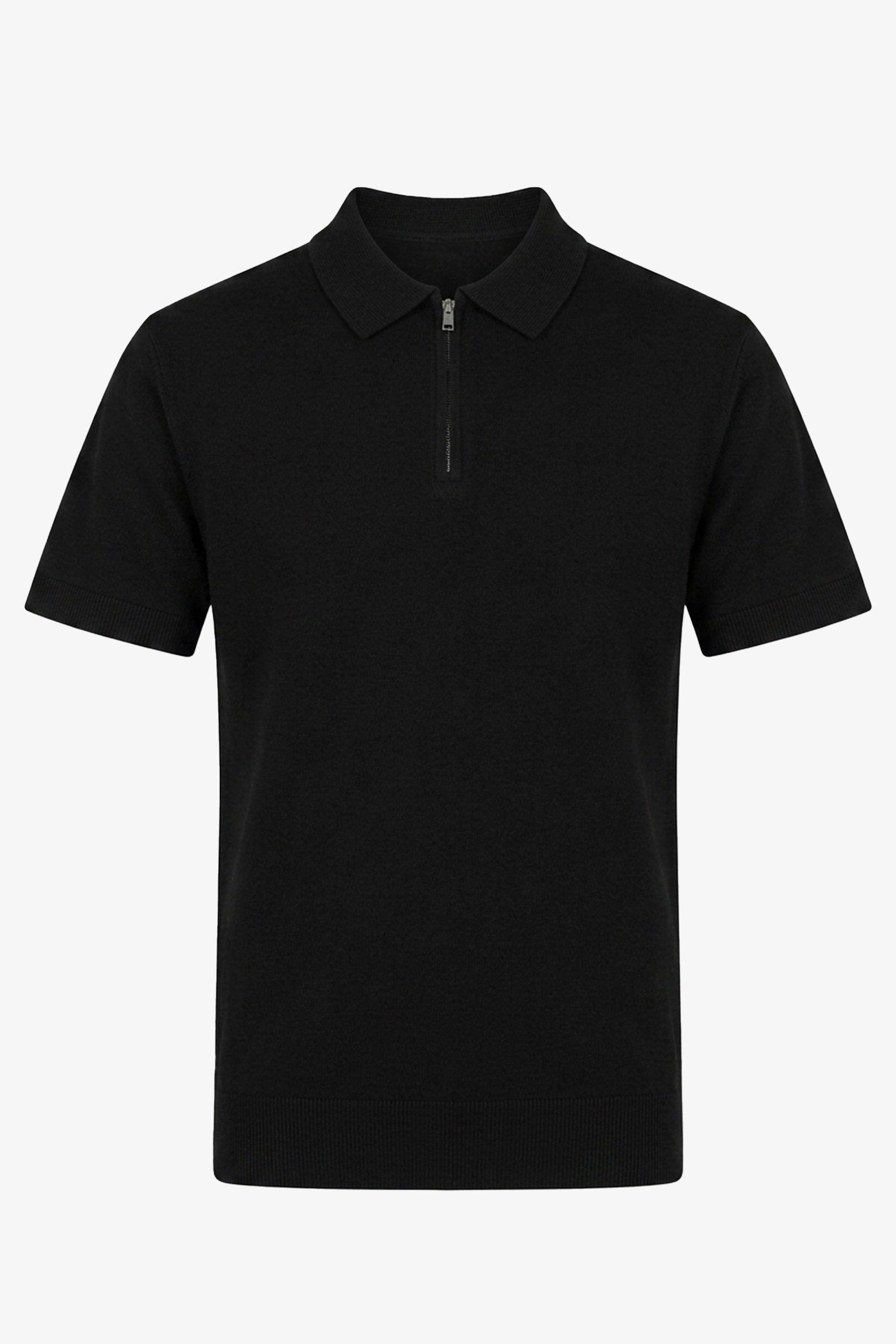 Polo noir en maille pour homme, col zippé, manches courtes, mélange doux