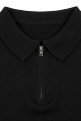 Polo noir en maille pour homme, col zippé, manches courtes, mélange doux