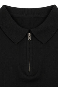 Polo noir en maille pour homme, col zippé, manches courtes, mélange doux