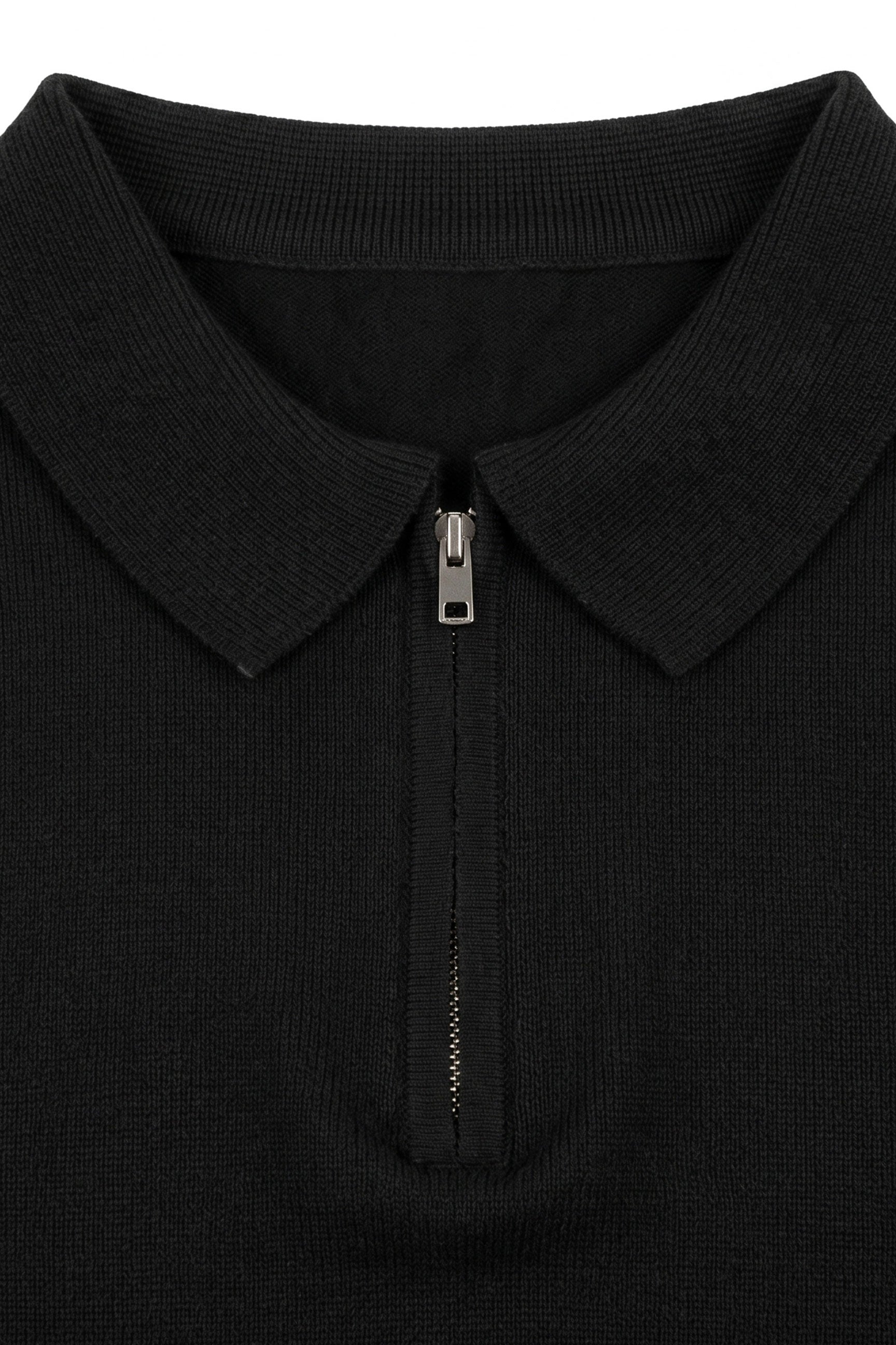 Polo noir en maille pour homme, col zippé, manches courtes, mélange doux