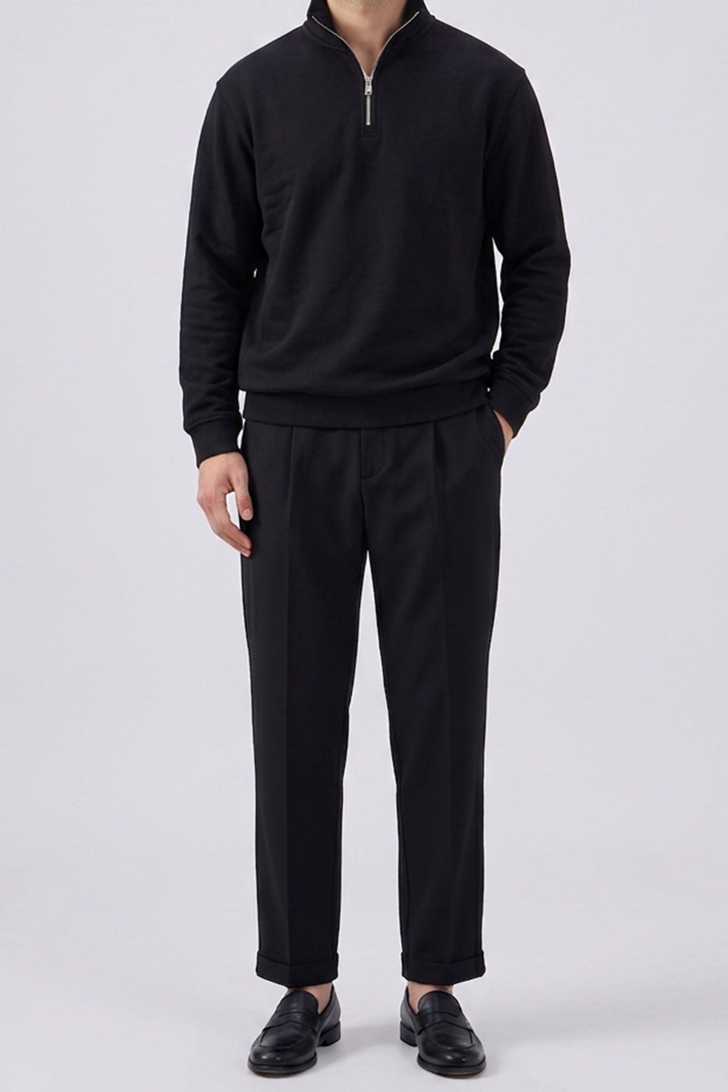 Sweat-shirt noir à col montant et fermeture éclair quart de zip pour homme, mélange de coton