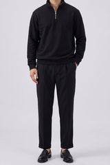 Sweat-shirt noir à col montant et fermeture éclair quart de zip pour homme, mélange de coton