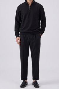 Sweat-shirt noir à col montant et fermeture éclair quart de zip pour homme, mélange de coton