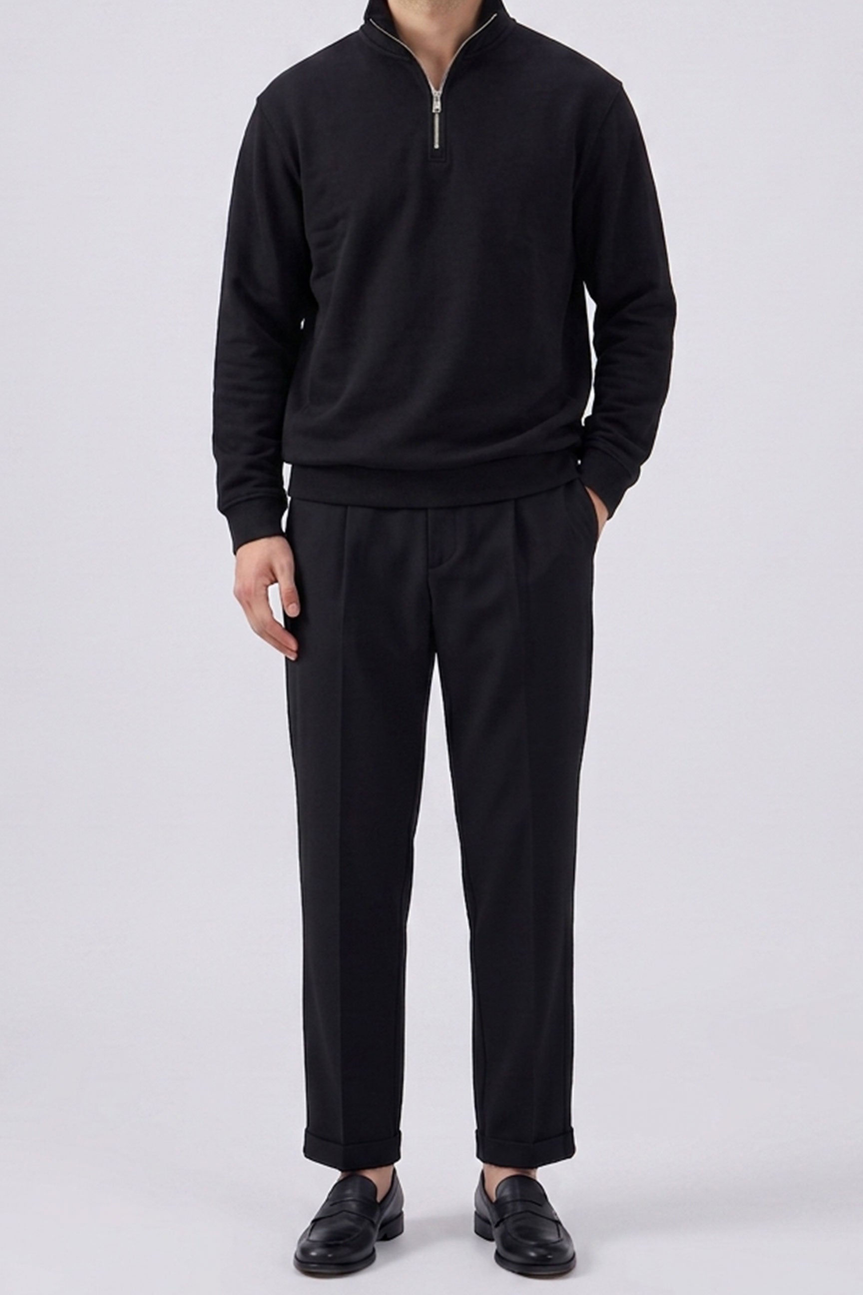 Sweat-shirt noir à col montant et fermeture éclair quart de zip pour homme, mélange de coton