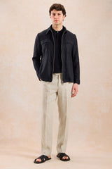 Ensemble veste en lin noir zippée et pantalon beige pour homme, tenue d'été élégante et décontractée