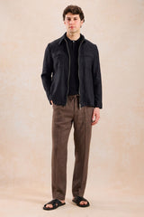 Ensemble veste en lin noir zippée et pantalon marron pour homme, tenue d'été élégante et décontractée