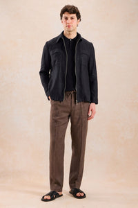Ensemble veste en lin noir zippée et pantalon marron pour homme, tenue d'été élégante et décontractée