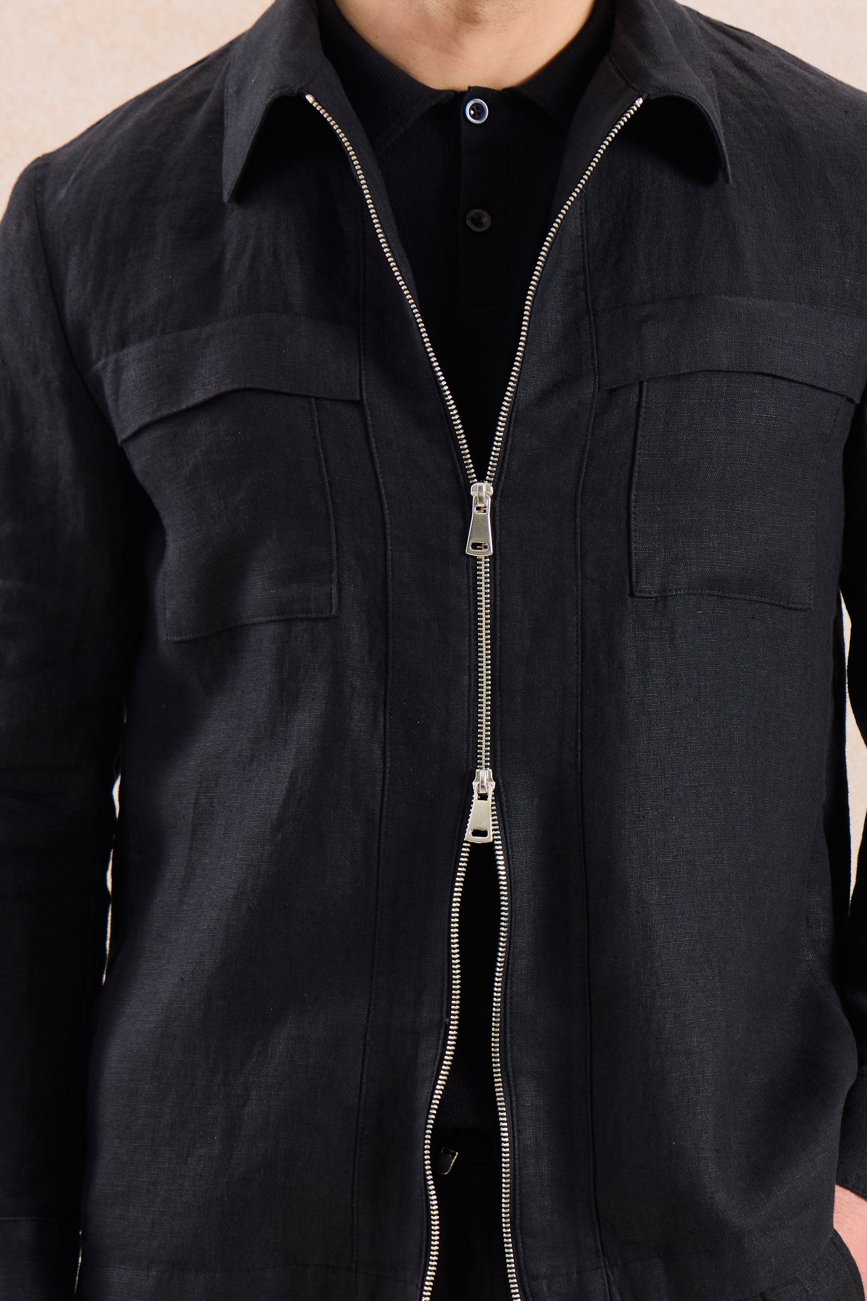 Ensemble veste en lin noir zippée et pantalon marron pour homme, tenue d'été élégante et décontractée