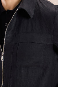 Ensemble veste en lin noir zippée et pantalon marron pour homme, tenue d'été élégante et décontractée