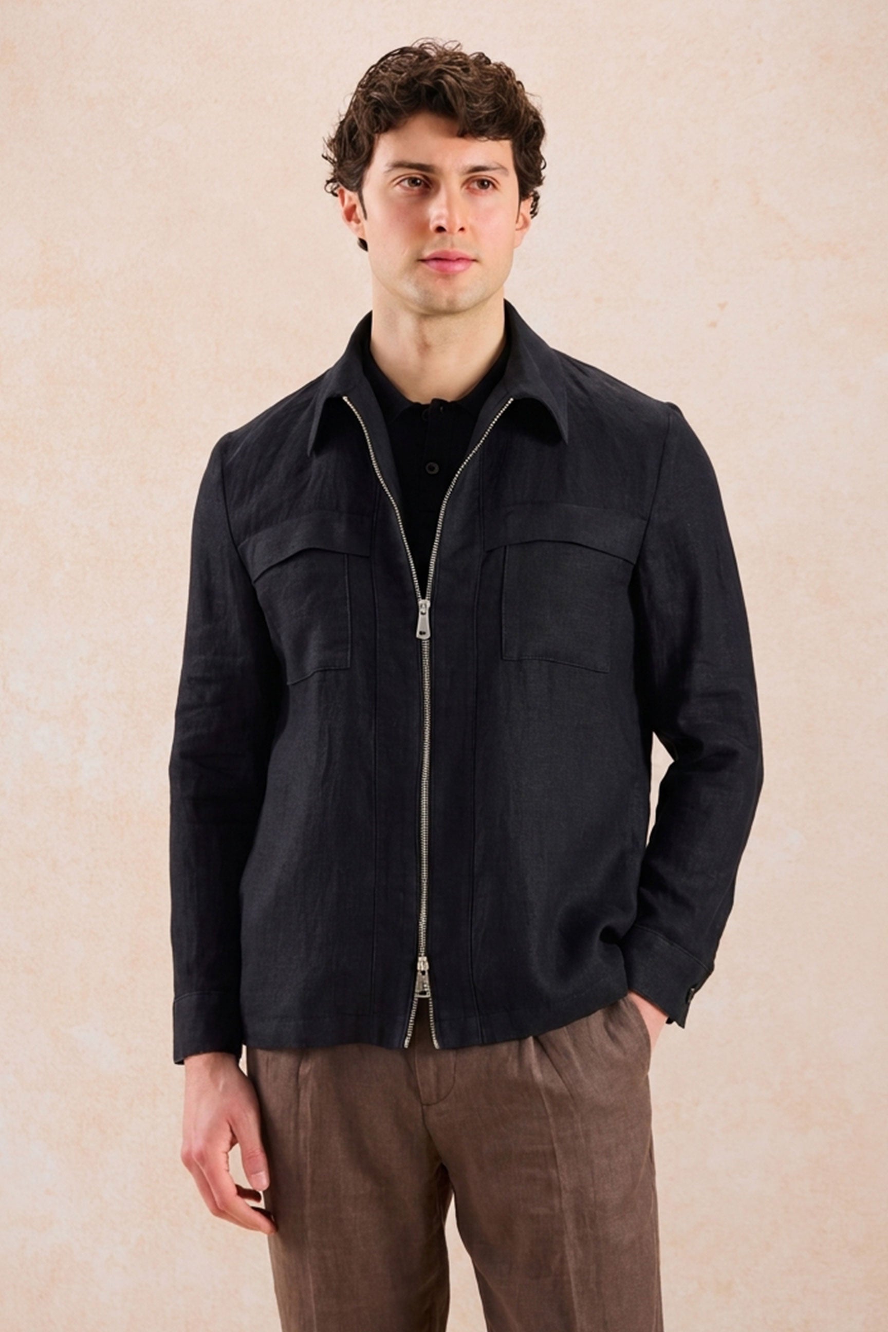 Ensemble veste en lin noir zippée et pantalon marron pour homme, tenue d'été élégante et décontractée