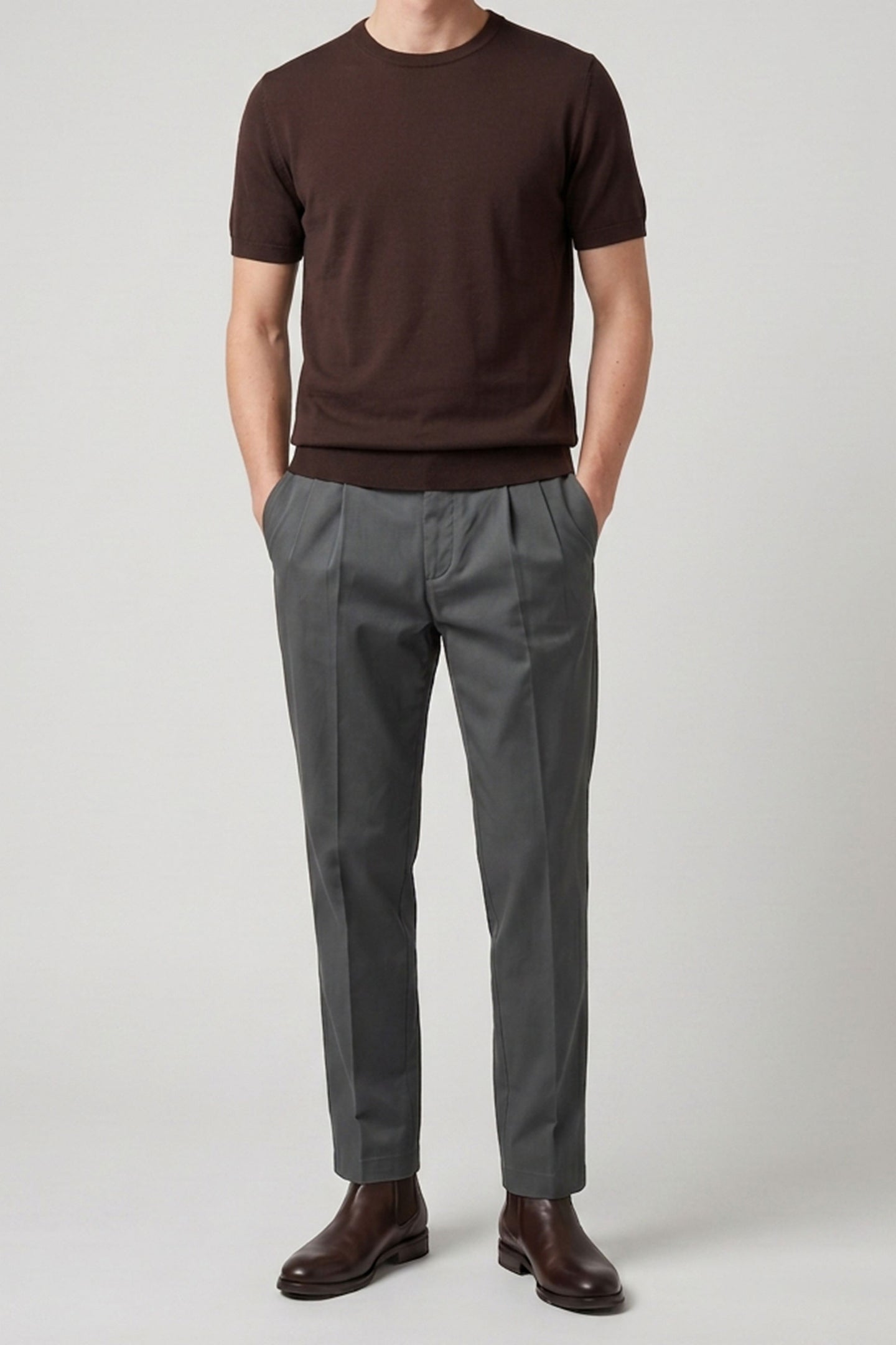 T-shirt marron en maille pour homme, coupe classique, col rond, manches courtes