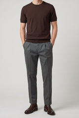 T-shirt marron en maille pour homme, coupe classique, col rond, manches courtes