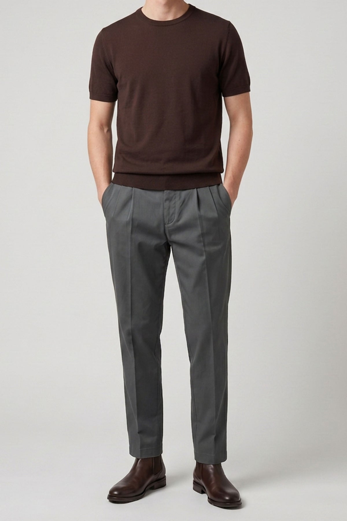 T-shirt marron en maille pour homme, coupe classique, col rond, manches courtes