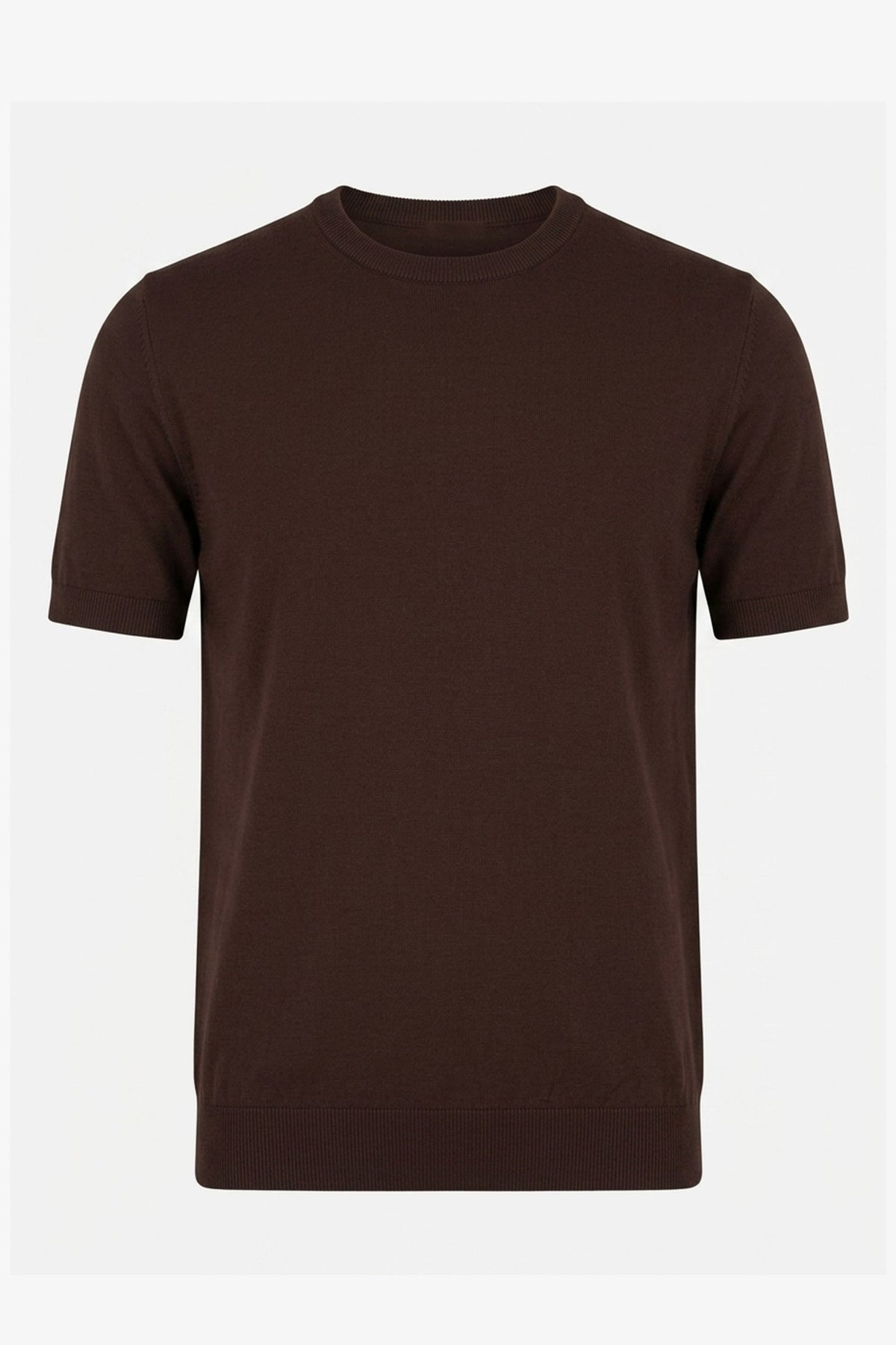 T-shirt marron en maille pour homme, coupe classique, col rond, manches courtes