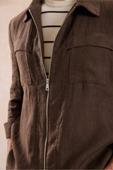 Ensemble veste en lin marron zippée et pantalon beige pour homme, tenue d'été élégante et décontractée
